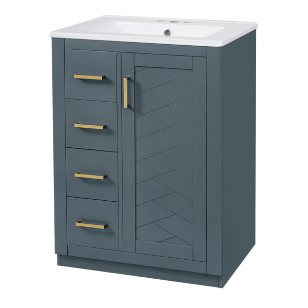 English Elm 24" Single Bathroom Vanity Ceramic Sink Soft Close Drawers Polished Gold Hardware Blue N710P469241C