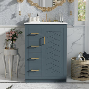 English Elm 24" Single Bathroom Vanity Ceramic Sink Soft Close Drawers Polished Gold Hardware Blue N710P469241C