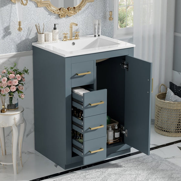English Elm 24" Single Bathroom Vanity Ceramic Sink Soft Close Drawers Polished Gold Hardware Blue N710P469241C