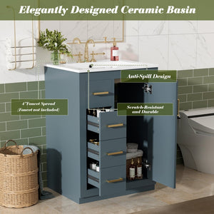 English Elm 24" Single Bathroom Vanity Ceramic Sink Soft Close Drawers Polished Gold Hardware Blue N710P469241C