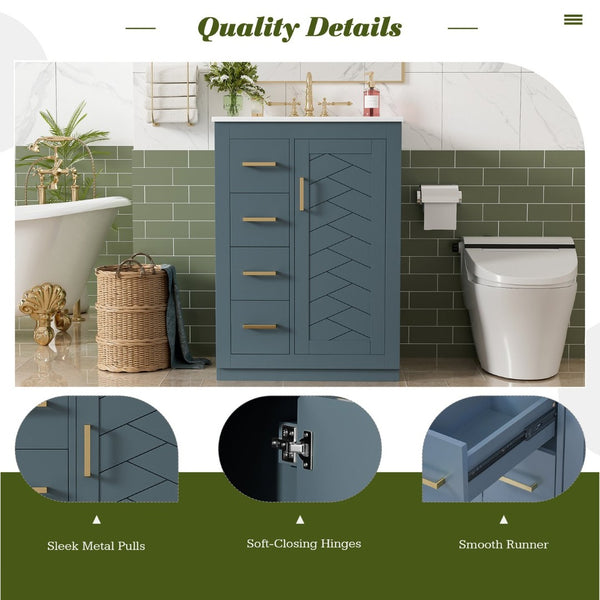 English Elm 24" Single Bathroom Vanity Ceramic Sink Soft Close Drawers Polished Gold Hardware Blue N710P469241C