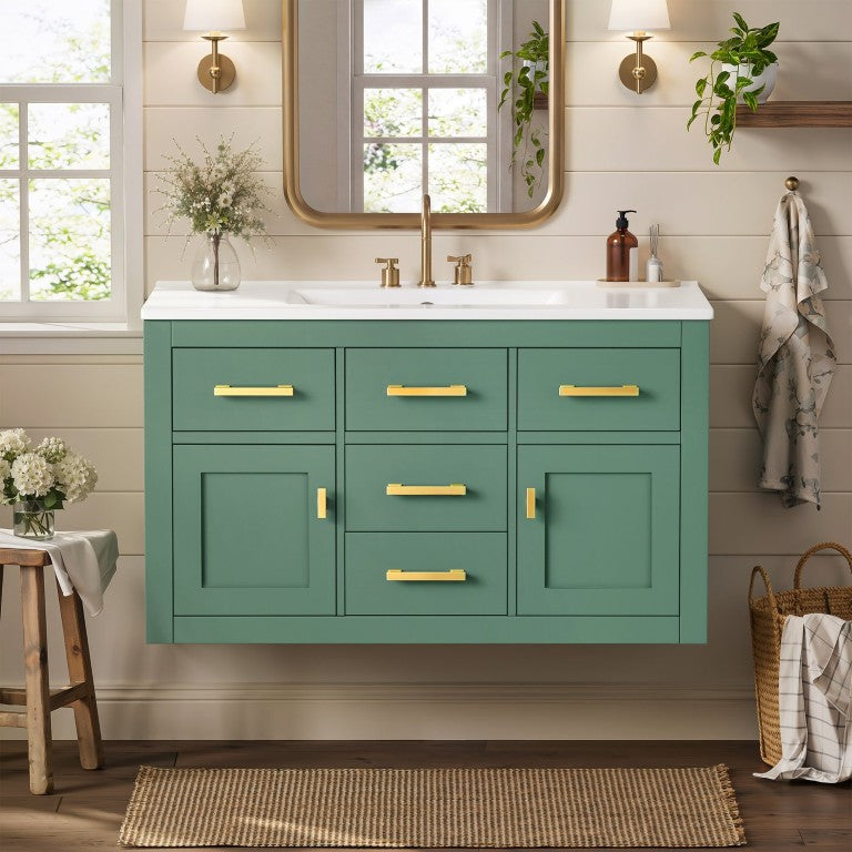 English Elm 36 Inch Wall Mounted Bathroom Vanity French Carved MDF Ceramic Sink Soft Close Storage N710P481823F