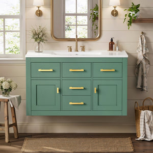 English Elm 36 Inch Wall Mounted Bathroom Vanity French Carved MDF Ceramic Sink Soft Close Storage N710P481823F