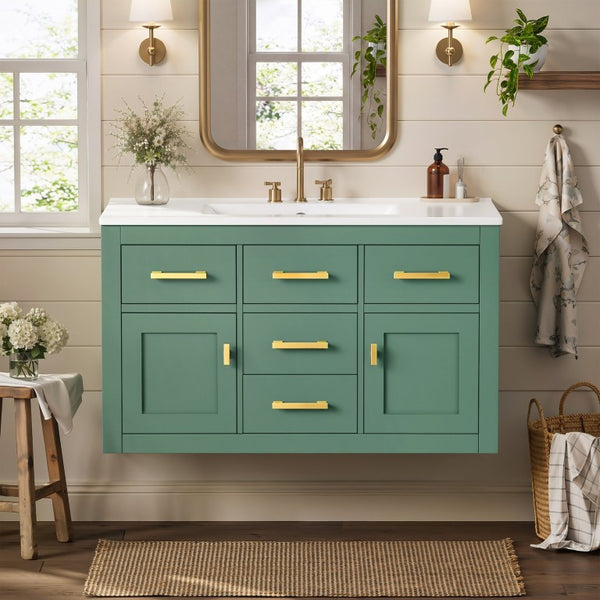 English Elm 36 Inch Wall Mounted Bathroom Vanity French Carved MDF Ceramic Sink Soft Close Storage N710P481823F
