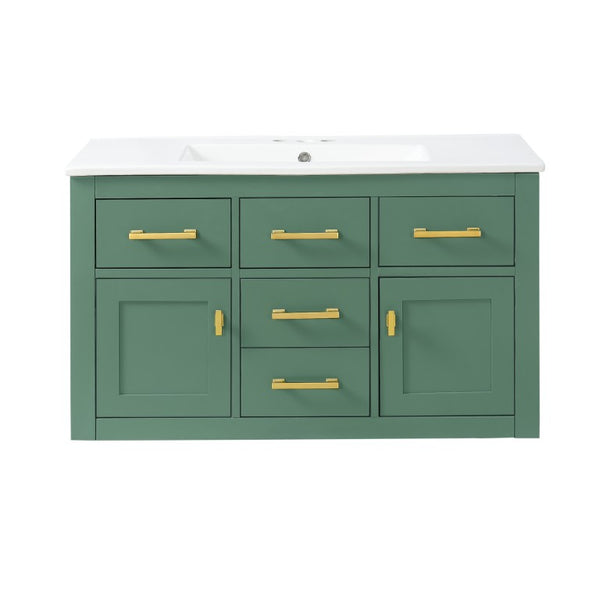 English Elm 36 Inch Wall Mounted Bathroom Vanity French Carved MDF Ceramic Sink Soft Close Storage N710P481823F