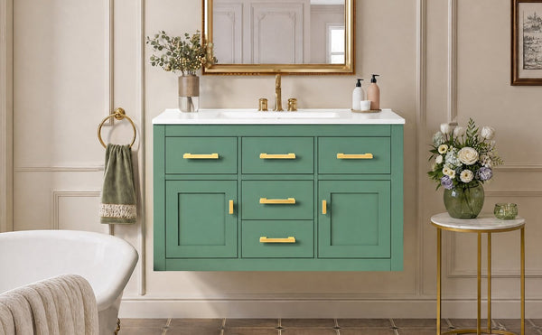 English Elm 36 Inch Wall Mounted Bathroom Vanity French Carved MDF Ceramic Sink Soft Close Storage N710P481823F