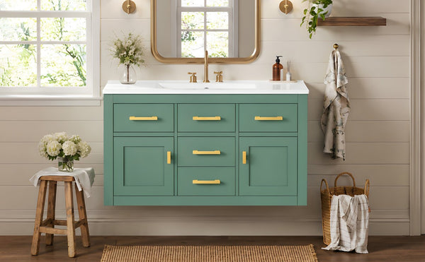 English Elm 36 Inch Wall Mounted Bathroom Vanity French Carved MDF Ceramic Sink Soft Close Storage N710P481823F