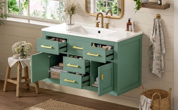 English Elm 36 Inch Wall Mounted Bathroom Vanity French Carved MDF Ceramic Sink Soft Close Storage N710P481823F