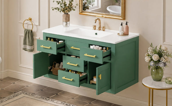 English Elm 36 Inch Wall Mounted Bathroom Vanity French Carved MDF Ceramic Sink Soft Close Storage N710P481823F