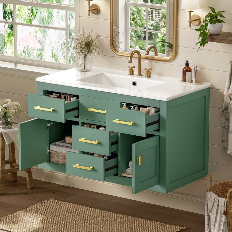English Elm 36 Inch Wall Mounted Bathroom Vanity French Carved MDF Ceramic Sink Soft Close Storage N710P481823F