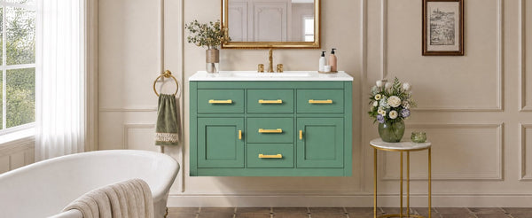 English Elm 36 Inch Wall Mounted Bathroom Vanity French Carved MDF Ceramic Sink Soft Close Storage N710P481823F
