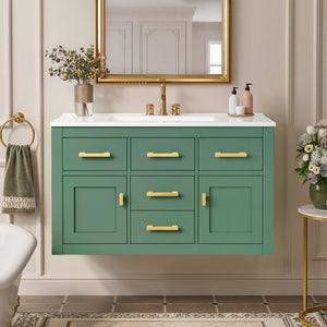 English Elm 36 Inch Wall Mounted Bathroom Vanity French Carved MDF Ceramic Sink Soft Close Storage N710P481823F