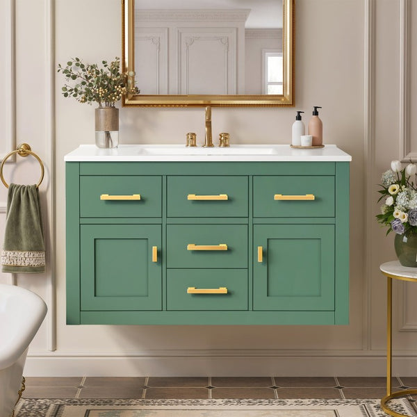 English Elm 36 Inch Wall Mounted Bathroom Vanity French Carved MDF Ceramic Sink Soft Close Storage N710P481823F