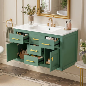 English Elm 36 Inch Wall Mounted Bathroom Vanity French Carved MDF Ceramic Sink Soft Close Storage N710P481823F