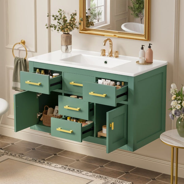 English Elm 36 Inch Wall Mounted Bathroom Vanity French Carved MDF Ceramic Sink Soft Close Storage N710P481823F