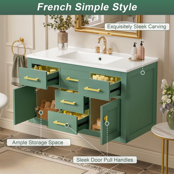 English Elm 36 Inch Wall Mounted Bathroom Vanity French Carved MDF Ceramic Sink Soft Close Storage N710P481823F