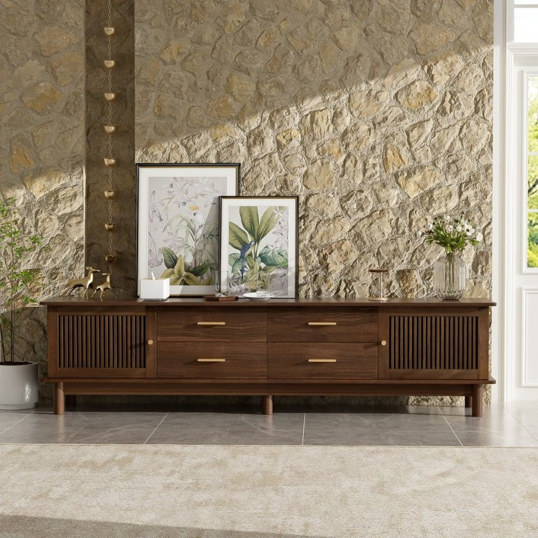 English Elm 78 Inch Mid-Century Walnut Entertainment Center with Slatted Doors and Four Drawers N710P486447P