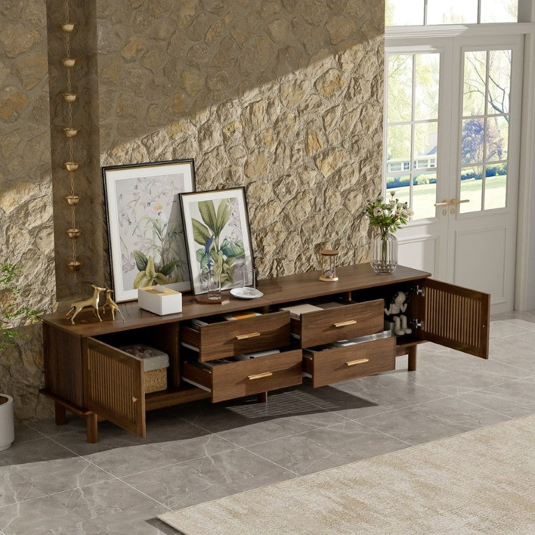 English Elm 78 Inch Mid-Century Walnut Entertainment Center with Slatted Doors and Four Drawers N710P486447P