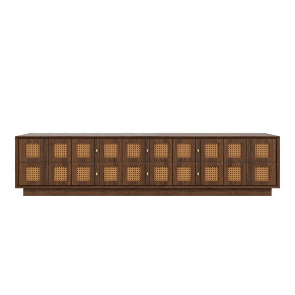 English Elm 70Inch Walnut Media Console with Solid Wood Legs Soft Close Doors and Cable Management 72.4 x 15.7 x 16.6 6 Drawers and 2 Cabinets Rattan Front N710P486448P