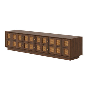 English Elm 70Inch Walnut Media Console with Solid Wood Legs Soft Close Doors and Cable Management 72.4 x 15.7 x 16.6 6 Drawers and 2 Cabinets Rattan Front N710P486448P