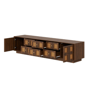 English Elm 70Inch Walnut Media Console with Solid Wood Legs Soft Close Doors and Cable Management 72.4 x 15.7 x 16.6 6 Drawers and 2 Cabinets Rattan Front N710P486448P