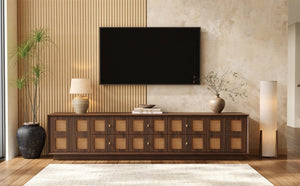 English Elm 70Inch Walnut Media Console with Solid Wood Legs Soft Close Doors and Cable Management 72.4 x 15.7 x 16.6 6 Drawers and 2 Cabinets Rattan Front N710P486448P