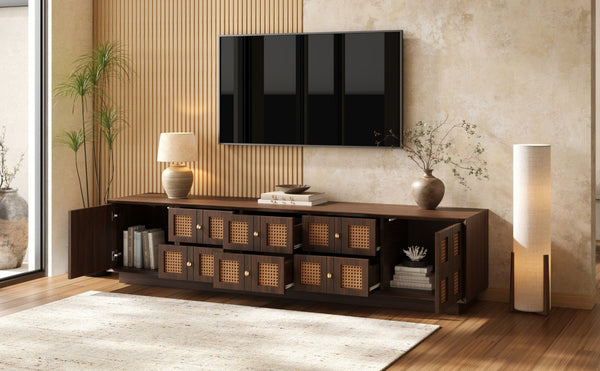 English Elm 70Inch Walnut Media Console with Solid Wood Legs Soft Close Doors and Cable Management 72.4 x 15.7 x 16.6 6 Drawers and 2 Cabinets Rattan Front N710P486448P