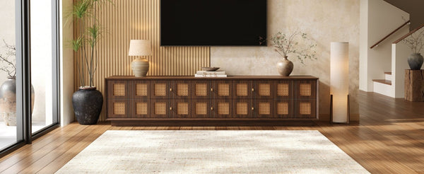 English Elm 70Inch Walnut Media Console with Solid Wood Legs Soft Close Doors and Cable Management 72.4 x 15.7 x 16.6 6 Drawers and 2 Cabinets Rattan Front N710P486448P