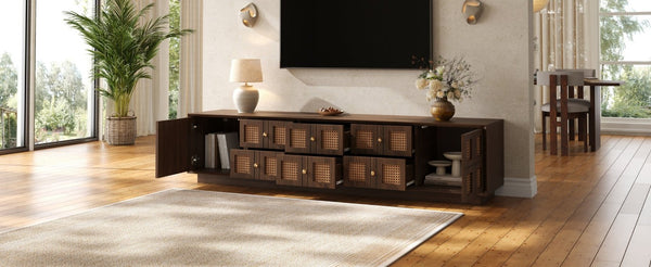 English Elm 70Inch Walnut Media Console with Solid Wood Legs Soft Close Doors and Cable Management 72.4 x 15.7 x 16.6 6 Drawers and 2 Cabinets Rattan Front N710P486448P