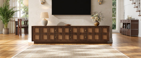 English Elm 70Inch Walnut Media Console with Solid Wood Legs Soft Close Doors and Cable Management 72.4 x 15.7 x 16.6 6 Drawers and 2 Cabinets Rattan Front N710P486448P