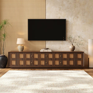 English Elm 70Inch Walnut Media Console with Solid Wood Legs Soft Close Doors and Cable Management 72.4 x 15.7 x 16.6 6 Drawers and 2 Cabinets Rattan Front N710P486448P