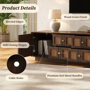 English Elm 70Inch Walnut Media Console with Solid Wood Legs Soft Close Doors and Cable Management 72.4 x 15.7 x 16.6 6 Drawers and 2 Cabinets Rattan Front N710P486448P