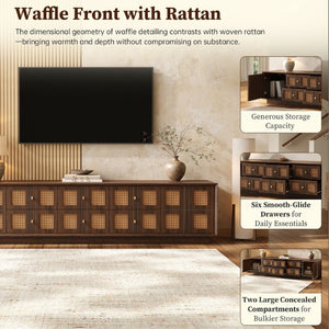 English Elm 70Inch Walnut Media Console with Solid Wood Legs Soft Close Doors and Cable Management 72.4 x 15.7 x 16.6 6 Drawers and 2 Cabinets Rattan Front N710P486448P
