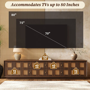English Elm 70Inch Walnut Media Console with Solid Wood Legs Soft Close Doors and Cable Management 72.4 x 15.7 x 16.6 6 Drawers and 2 Cabinets Rattan Front N710P486448P