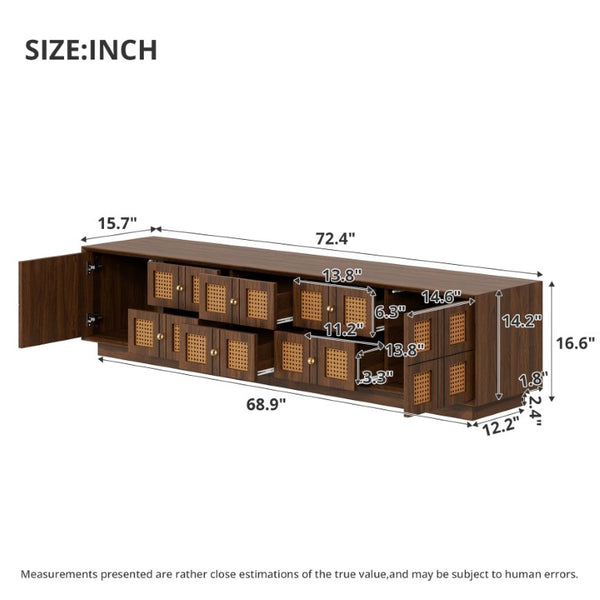 English Elm 70Inch Walnut Media Console with Solid Wood Legs Soft Close Doors and Cable Management 72.4 x 15.7 x 16.6 6 Drawers and 2 Cabinets Rattan Front N710P486448P