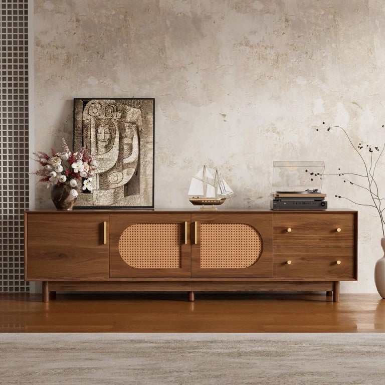 English Elm 70 Inch Media Console with Woven Rattan Doors Beveled Edge and Ash Wood Legs N710P486452Q