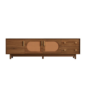 English Elm 70 Inch Media Console with Woven Rattan Doors Beveled Edge and Ash Wood Legs N710P486452Q
