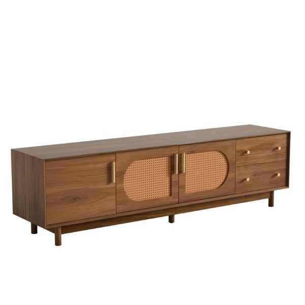 English Elm 70 Inch Media Console with Woven Rattan Doors Beveled Edge and Ash Wood Legs N710P486452Q