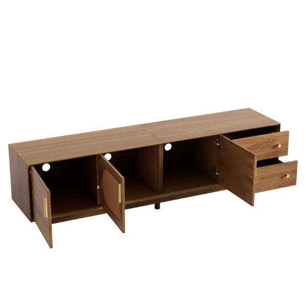English Elm 70 Inch Media Console with Woven Rattan Doors Beveled Edge and Ash Wood Legs N710P486452Q