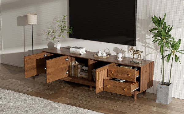 English Elm 70 Inch Media Console with Woven Rattan Doors Beveled Edge and Ash Wood Legs N710P486452Q
