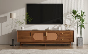 English Elm 70 Inch Media Console with Woven Rattan Doors Beveled Edge and Ash Wood Legs N710P486452Q