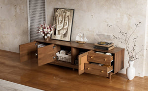 English Elm 70 Inch Media Console with Woven Rattan Doors Beveled Edge and Ash Wood Legs N710P486452Q