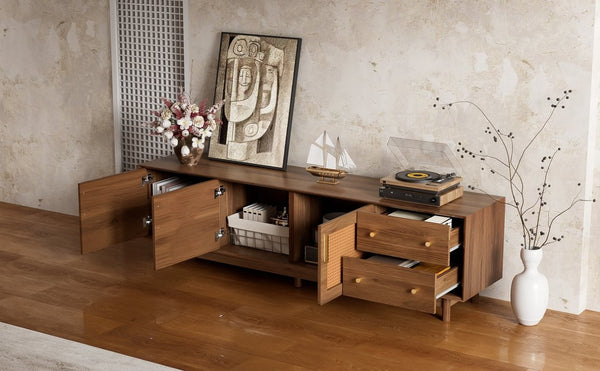 English Elm 70 Inch Media Console with Woven Rattan Doors Beveled Edge and Ash Wood Legs N710P486452Q
