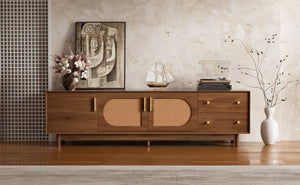 English Elm 70 Inch Media Console with Woven Rattan Doors Beveled Edge and Ash Wood Legs N710P486452Q
