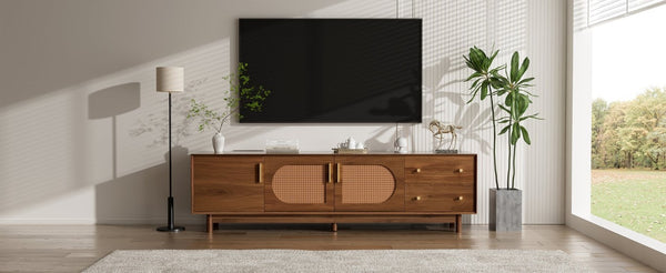English Elm 70 Inch Media Console with Woven Rattan Doors Beveled Edge and Ash Wood Legs N710P486452Q