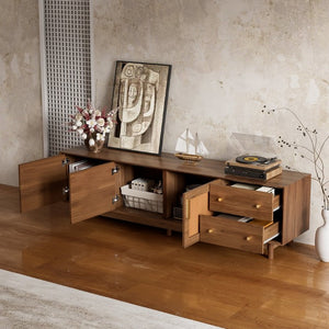 English Elm 70 Inch Media Console with Woven Rattan Doors Beveled Edge and Ash Wood Legs N710P486452Q