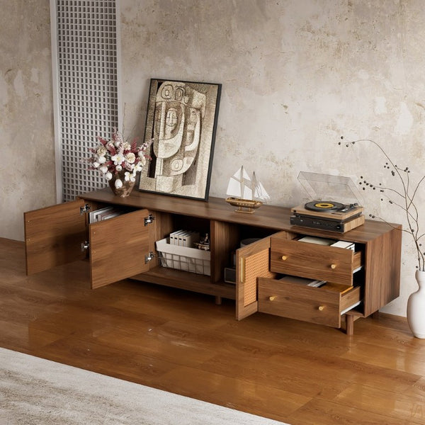 English Elm 70 Inch Media Console with Woven Rattan Doors Beveled Edge and Ash Wood Legs N710P486452Q