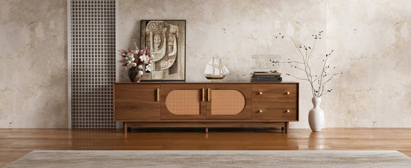 English Elm 70 Inch Media Console with Woven Rattan Doors Beveled Edge and Ash Wood Legs N710P486452Q