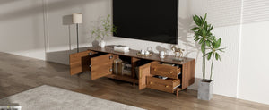 English Elm 70 Inch Media Console with Woven Rattan Doors Beveled Edge and Ash Wood Legs N710P486452Q