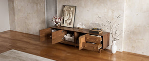 English Elm 70 Inch Media Console with Woven Rattan Doors Beveled Edge and Ash Wood Legs N710P486452Q